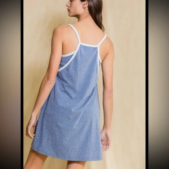 V-neck Mini Dress With Built In Romper Lining- Denim - Picture 3 of 9